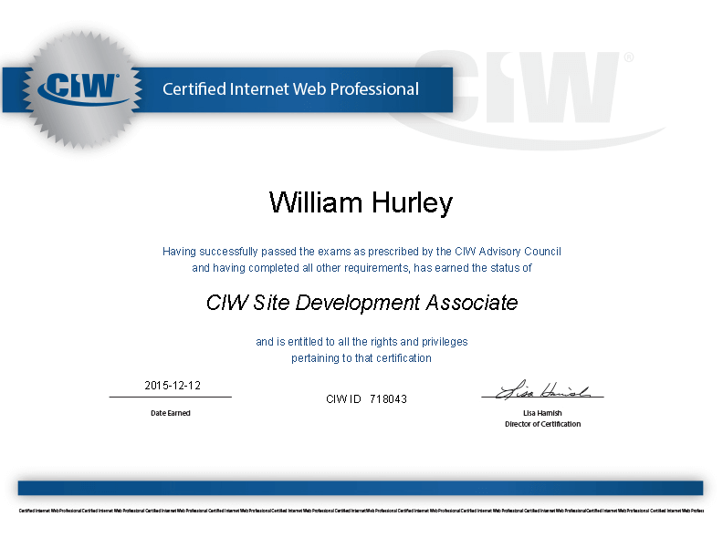 William Hurley's CIW Certificate